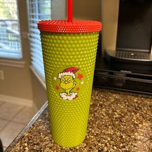 Green Grinch Tumbler with Red Lid with straw